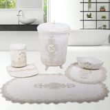 Bonny Home Lisa Krem 6 Parça Fransız Dantelli Banyo Kirli Çamaşır Sepeti ve Banyo Paspası Seti - 80 x 125 cm