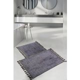 Bonny Home Nova Antrasit 60x100 + 50x60 cm 2'li Köşeli Ponpon Saçaklı Banyo Halısı Paspası Seti