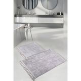 Bonny Home Nova Gri 60x100 + 50x60 cm 2'li Köşeli Ponpon Saçaklı Banyo Halısı Seti, Kaymaz Yıkanabilir