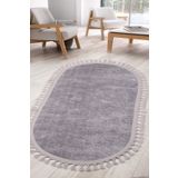 Bonny Home Nova Gri Oval Leke Tutmaz Yıkanabilir Kaymaz Ponpon Saçaklı Antibakteriyel Kesme Salon Oda Halısı