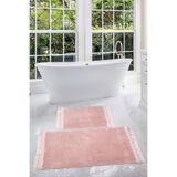 Bonny Home Relax Pudra 60X100 + 50X60 cm 2'li Köşeli Ponpon Saçaklı Banyo Halısı Paspası Seti Kaymaz Tabanlı
