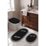 Bonny Home Siyah 3lü Fransız Dantelli Lüks Banyo Paspası Kaymaz Çeyizlik Oval Banyo Paspas Seti Lauris