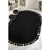Bonny Home Siyah Oval Çocuk Odası Halısı, 100x200 cm, Ponpon Saçaklı, Yıkanabilir