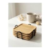 BONOVE Kare Bambu Bardak Altlığı 4'lü Set – Metal Standlı 10 cm Doğal Ahşap Kupa, Fincan ve Çay Bardağı Altlığı