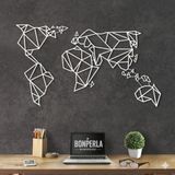 BONPERLA Geometrik Dünya Haritası Metal Duvar Sanatı - Ev Ofis Oturma Odası için Modern Harita Dekoru, Beyaz (100 x 63 cm)