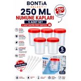 Bontia 250 ml Numune Kabı 5 Adet Set + 5 Adet Pastör Pipet Hediyeli | Vidalı Kapaklı Laboratuvar, Gıda, Su ve Numune Saklama Kabı