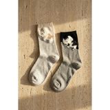 Bony Socks Kadın 2'li Kedi Desenli Soket Çorap Gri Mix