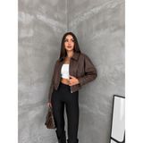 Boom Bester Adın Suni Deri Kısa Mont Fermuarlı Gömlek Yaka Beli Lastikli - Kahverengi