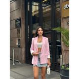 Boom Bester Kadın Flam Keten Astarlı Blazer Yazlık Ceket Çizgili Astar Detay Rahat Kalıp Ince Ceket - XL - Pembe