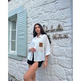 Boom Bester Kadın Oversize Gömlek Cep Nakış Detaylı Geniş Kol Keten Karışımlı Gömlek - Standart - Beyaz