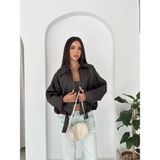 Boom Bester Kadın Siyah Oversize Suni Deri Bomber Mont | Kemer Detaylı Premium - Kahverengi