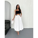 Boom Bester Yüksek Bel Bağcıklı Poplin Maxi Etek – Premium Dökümlü Uzun Etek - Beyaz
