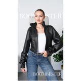 BoomBester Kadın Suni Deri Astarlı Crop Mont Ekstra Uzun Buruşuk Kol Detay Ceket