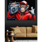 Boombox Müzik Dinleyen Maymun Dekoratif Kanvas - Mdf Ahşap Tablo
