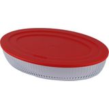 Borart Kırmızı Plastik Kapaklı Optik Desenli Küçük Cam Oval Tepsi