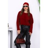 Bordo Bisiklet Yaka Angora Yumoş Crop Triko Kazak - Standart