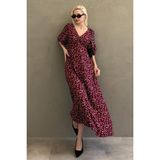 Bordo Çiçek Desenli Yarım Kollu Elbise MG2390