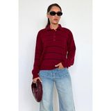 Bordo Çizgili Polo Yaka Kadın Triko Kazak MG2470 - S
