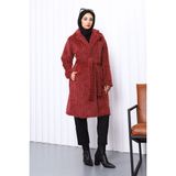 Bordo Düğmeli Uzun Cepli Kürk Kaban - 38 - 40