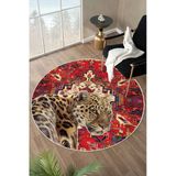 Bordo Etnik Desenli Leopar Figürlü Yıkanabilir Kaymaz Yuvarlak Halı 160 X 160 Cm Bordo