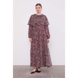 Bordo Etnik Desenli Şifon Elbise - 42