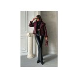 Bordo Fermuarlı Deri Biker Mont - S