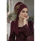 Bordo Gold Motifli Atkılı Abiye Bone
