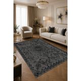 Bordo Halı Gri Siyah Vintage Desenli Kaymaz Keçe Taban Halı Modern Salon Oturma Odası