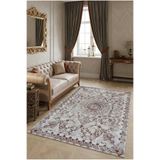 Bordo Halı Krem Bordo Vintage Desenli Kaymaz Keçe Taban Halı Modern Salon Oturma Odası