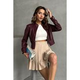 Bordo Kadın Deri Crop Ceket Halka Detaylı - S