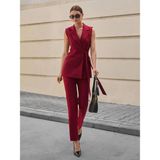 Bordo Kuşak Bağlamalı Yelek Kemerli Havuç Pantolon Dokuma Kumaş Ikili Takım - 12R-Bordo - XL