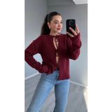 Bordo Önden Bağlamalı Triko Kadın Hırka