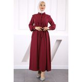 Bordo Önü Düğmeli Cepli Elbise - 38