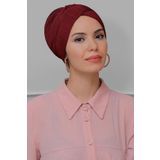 Bordo Pratik Hazır Geçmeli Tesettür Bone Fukuro Piliseli Çapraz Büzgülü 1822_16