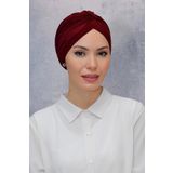 Bordo Pratik Hazır Geçmeli Tesettür Bone Fukuro Sandy Kumaş Büzgülü 1831_16