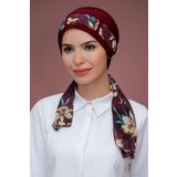 Bordo Pratik Hazır Geçmeli Tesettür Bone Sandy Kumaş Desenli Şifon Kemerli 1205D_16