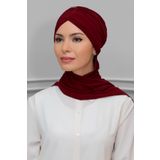 Bordo Pratik Hazır Geçmeli Tesettür Bone Sandy Kumaş Taçlı Büzgülü Şifon Atkılı 1208A_16