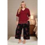 Bordo Renk ve Çiçek Desenli 10736 Pamuklu Büyük Beden Kapri Anne Pijama Takımı