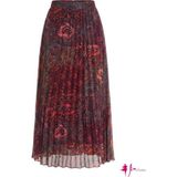 Bordo Şal Desenli Pileli Şifon Maxi Etek - 36