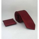 Bordo Slim Fit (ince) Düz Renk Mendilli Saten Kravat - SS-37 SS-37-GF