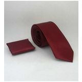 Bordo Slim Fit (ince) Düz Renk Mendilli Saten Kravat - SS-37