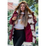 Bordo Su Geçirmez İçi Kürklü Kürk Kapüşonlu Mont