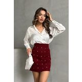 Bordo Süet Kaşe Taşlı Mini Etek