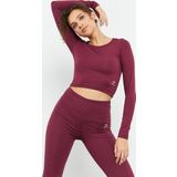 Bordo Uzun Kollu Dar Kalıp O Yaka Kadın Crop Top T-Shirt - 97150