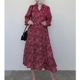 Bordo Uzun Kollu Düğmeli Desenli Elbise Mg2431