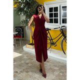 Bordo Yırtmaç Detaylı Kruvaze Yaka Kadın Elbise Mg2417