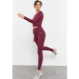 Bordo Yüksek Bel Uzun Kollu Slim Fit Crop Top Kadın Tayt Takım - 95286