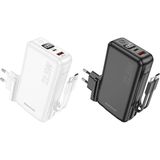 Borofone BJ39 2-In-1 Priz Tipi Powerbank - Dahili iPhone & Type-C Kablolu - Beyaz