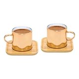 Borosilikat Cam Fincan Seti, 2 Parça, Bambu Altlıklı, Isıya Dayanıklı, Şeffaf, Kahve ve Çay İçin
