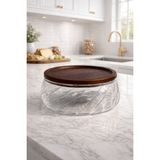 Borosilikat Cam Lüks Akasya Kapaklı Cam Kase - Sunumluk-Salata Kasesi Dalgalı 22 cm - 0 - 19 L
